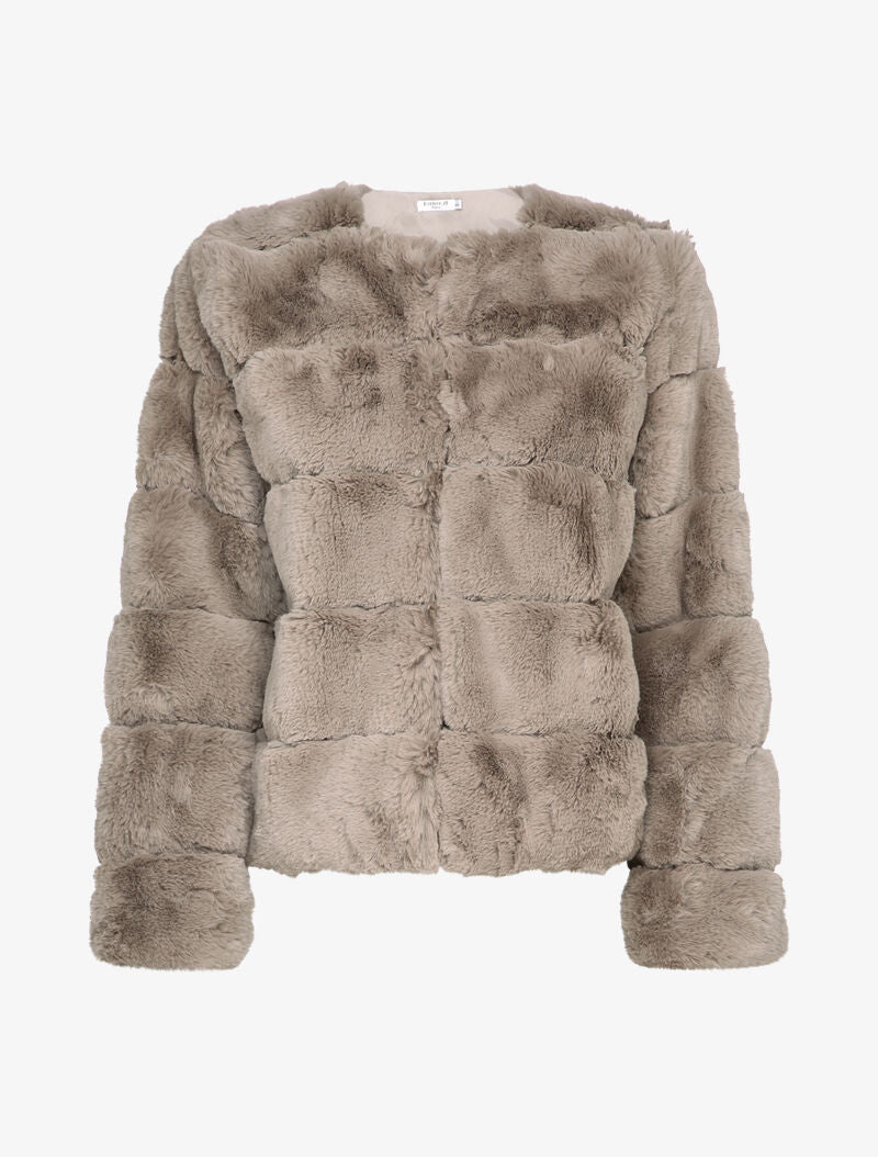 Manteau court en fausse fourrure à col rond - Taupe - 1
