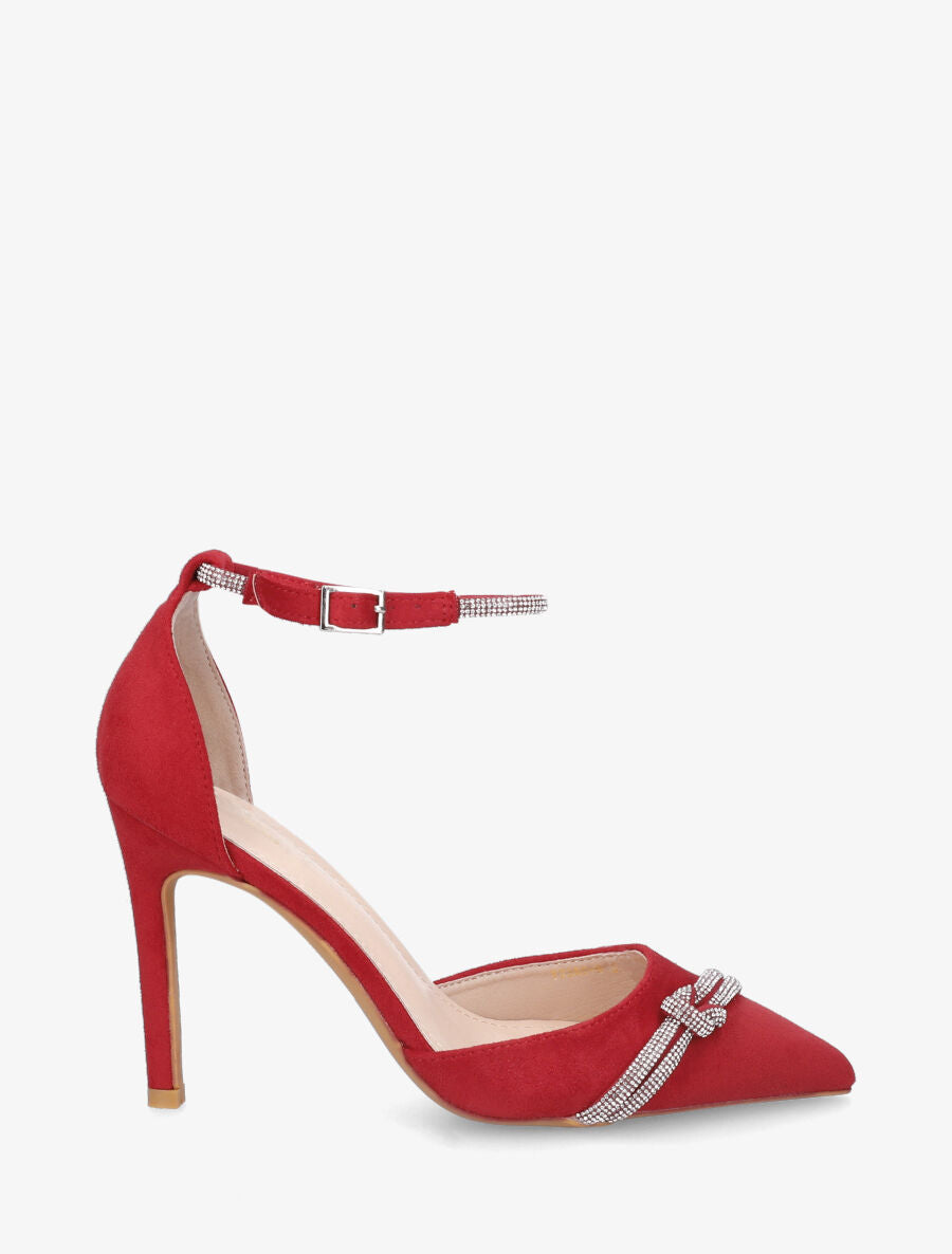 Escarpins en suédine à talon aiguille et strass - Rouge - 5