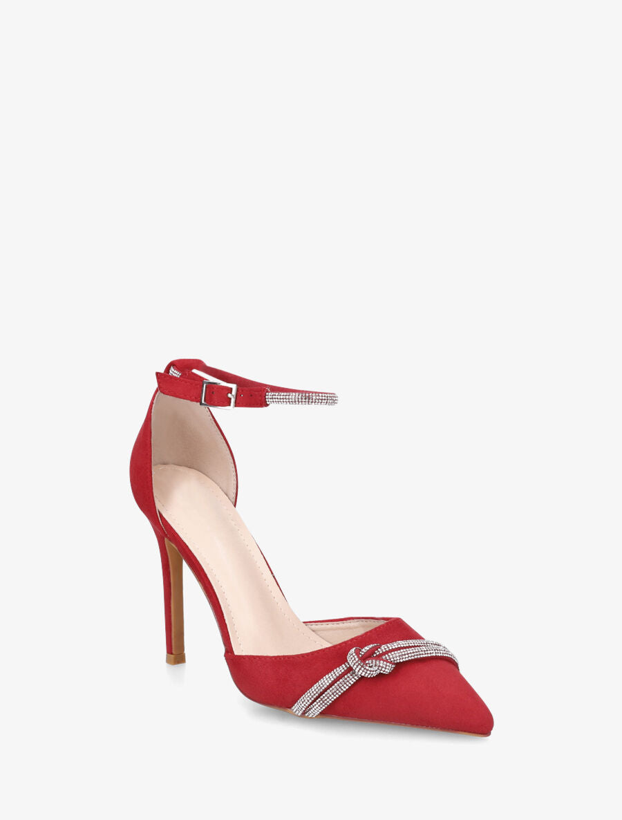 Escarpins en suédine à talon aiguille et strass - Rouge - 2