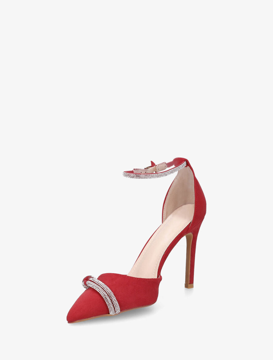 Escarpins en suédine à talon aiguille et strass - Rouge - 3