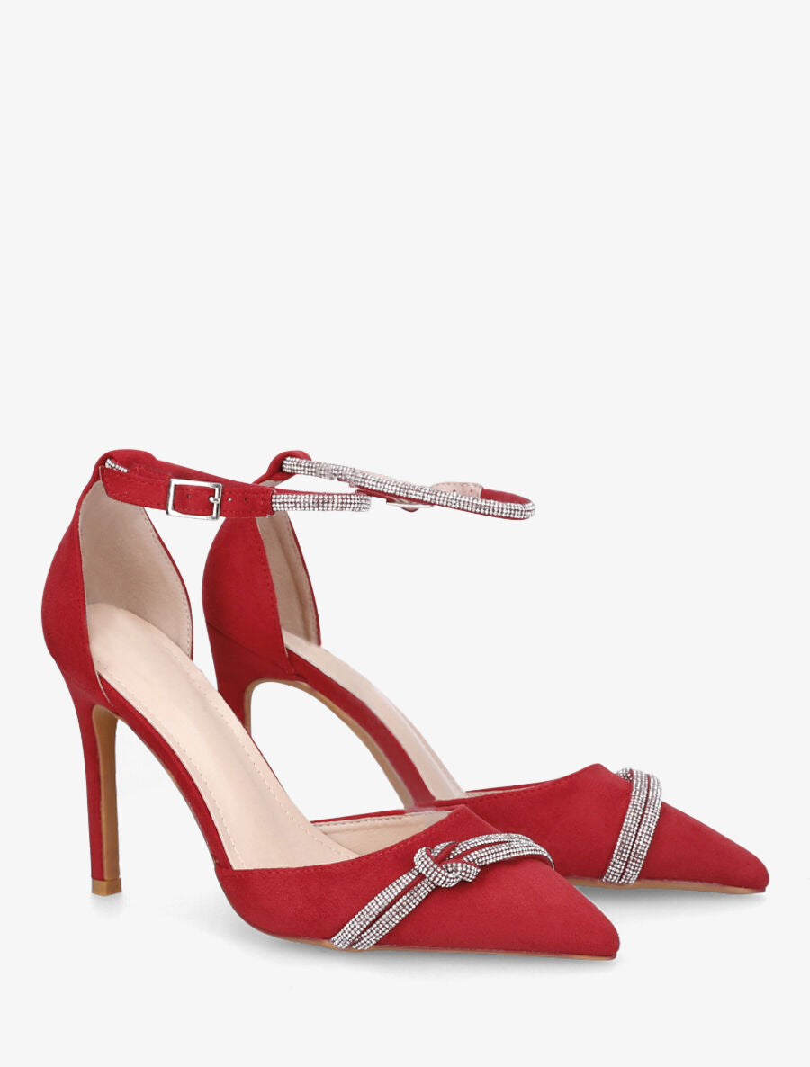 Escarpins en suédine à talon aiguille et strass - Rouge - 4