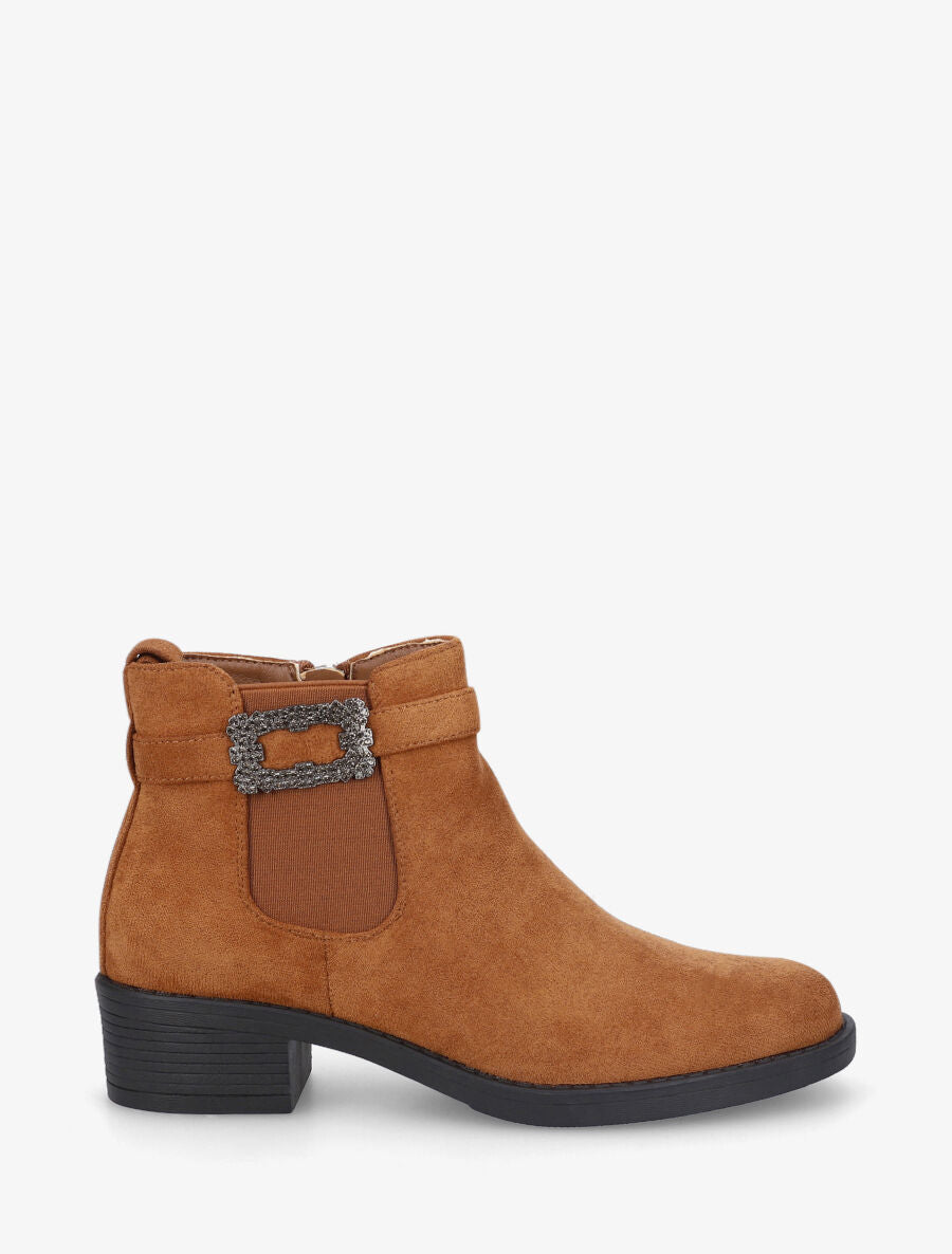 Bottines élastiquées à boucle strassé - Camel - 1