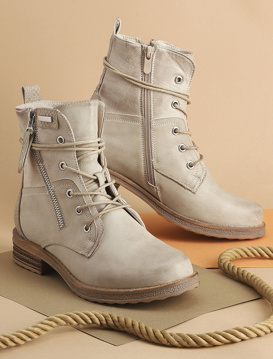 Bottines bi-matière à contrefort python - Beige - 1