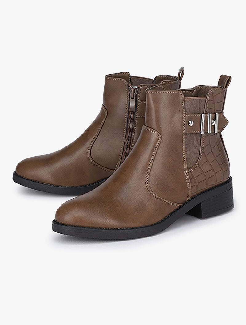 Bottines à détails croco et sangle - Marron - 1