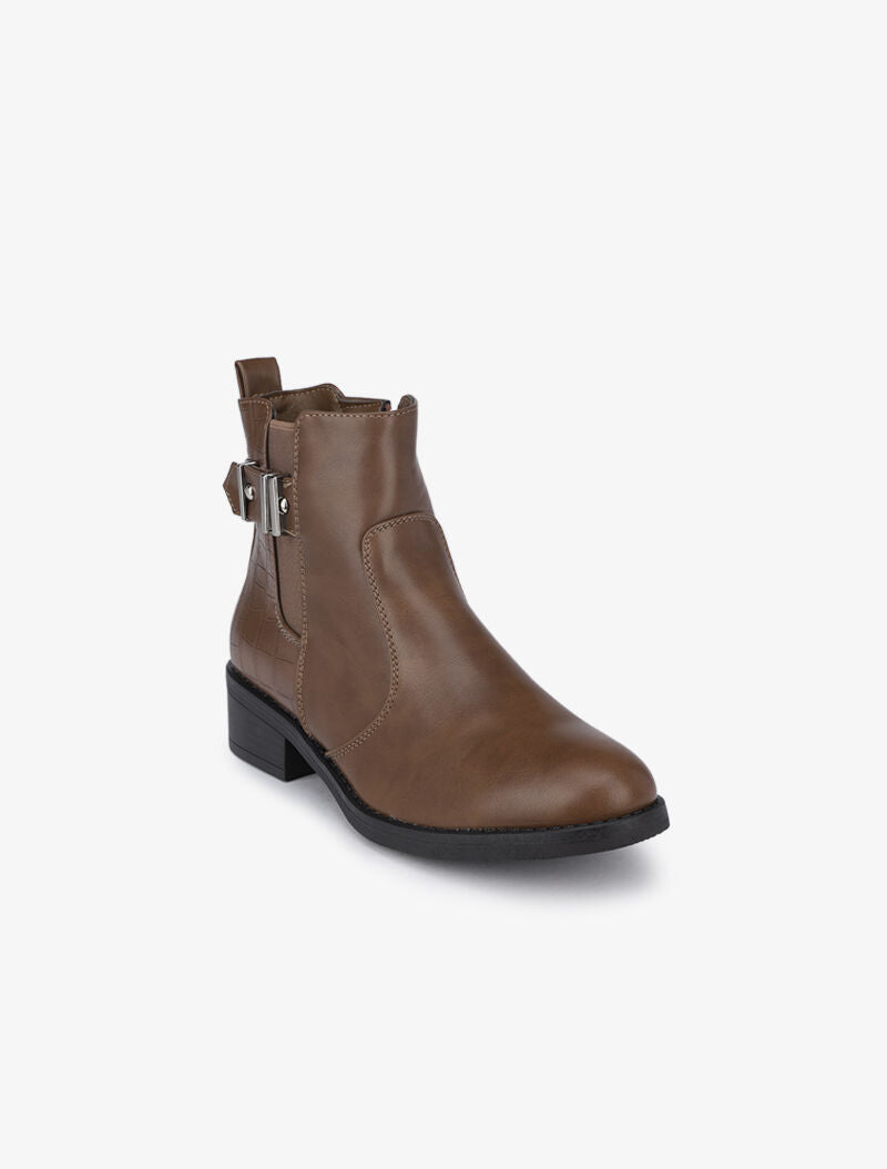 Bottines à détails croco et sangle - Marron - 3