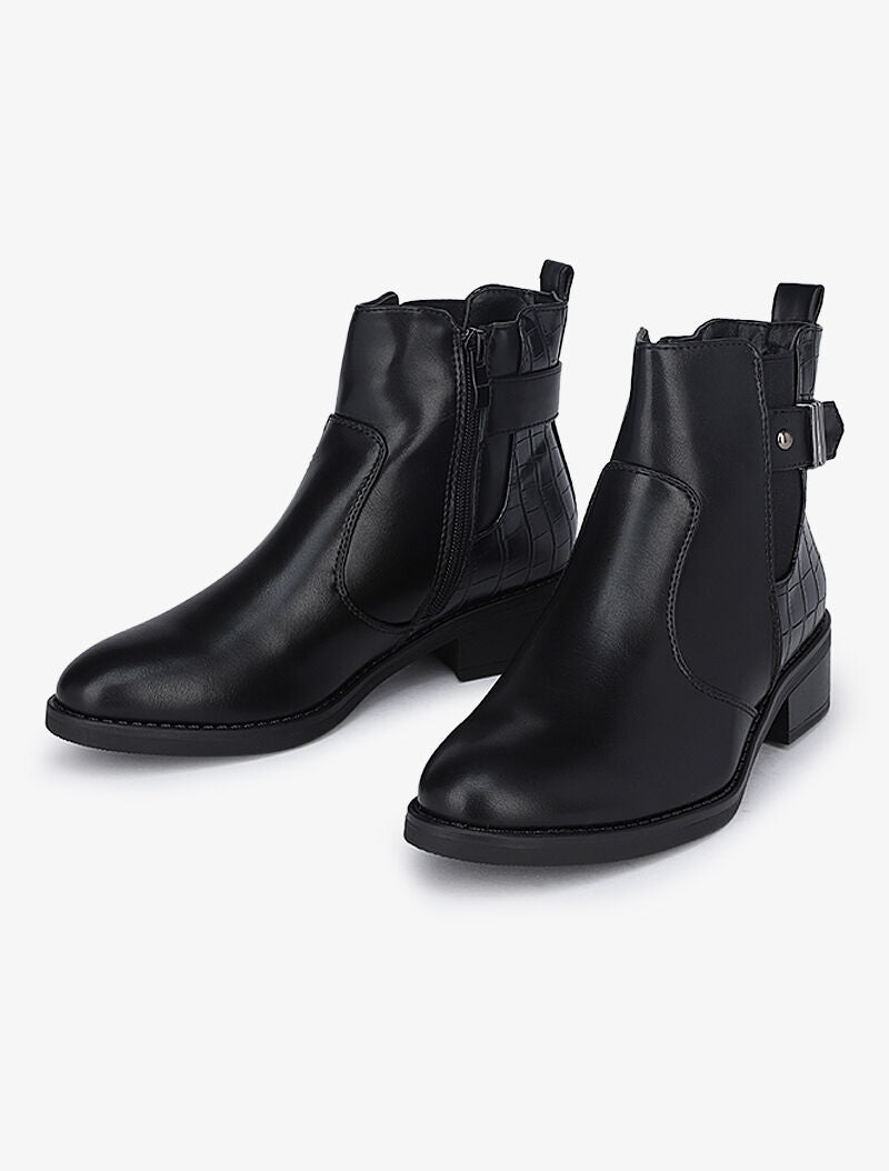 Bottines à détails croco et sangle - Noir - 4