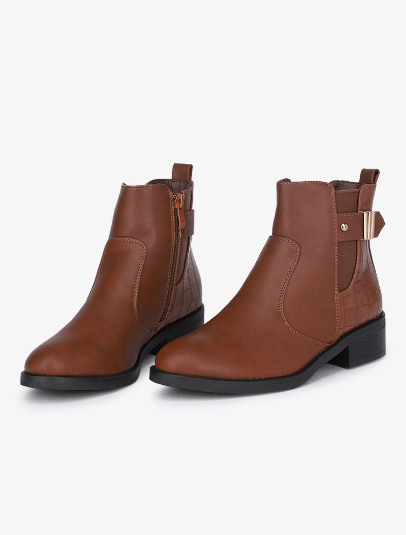 Bottines à détails croco et sangle - Camel - 1
