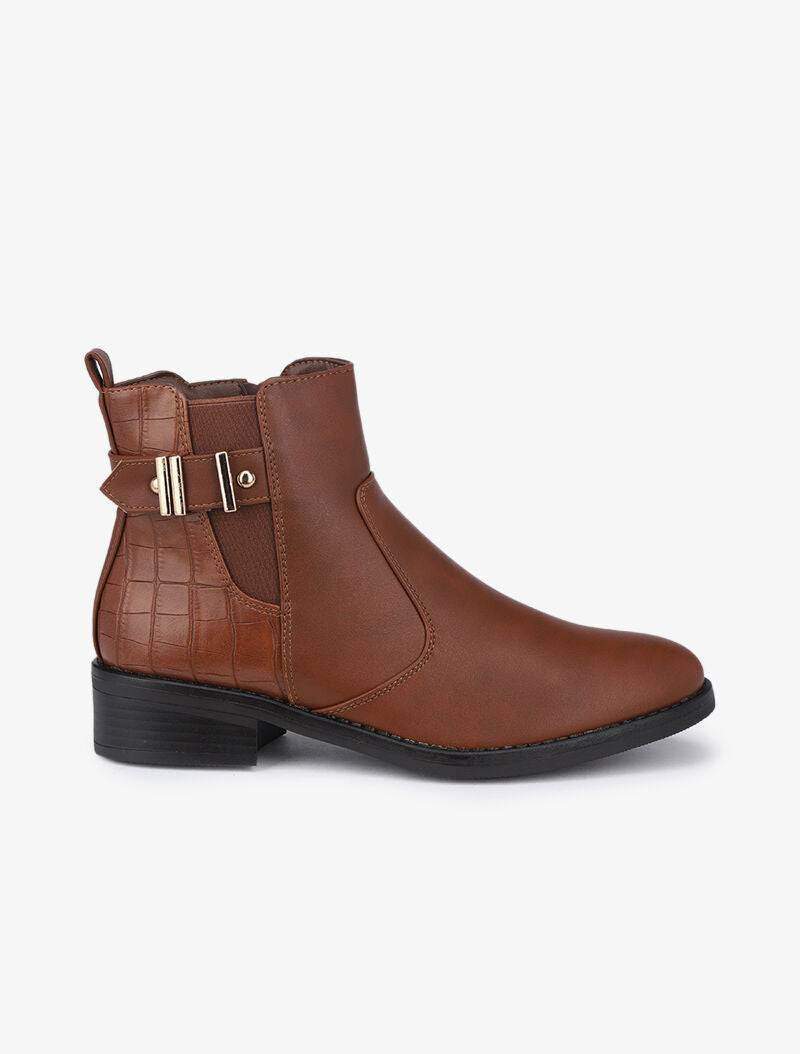 Bottines à détails croco et sangle - Camel - 2