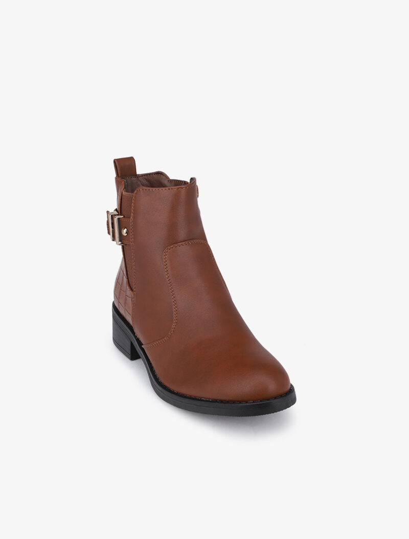 Bottines à détails croco et sangle - Camel - 3