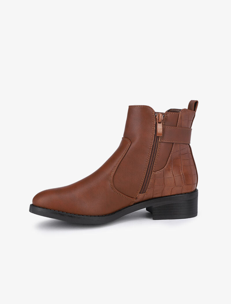 Bottines à détails croco et sangle - Camel - 4