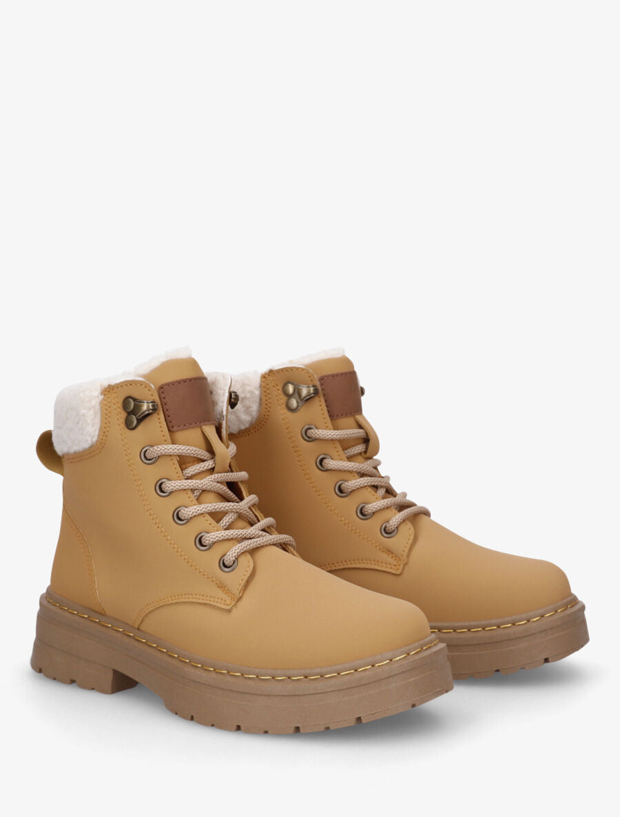 Boots en simili à revers et lacets - Camel - 4
