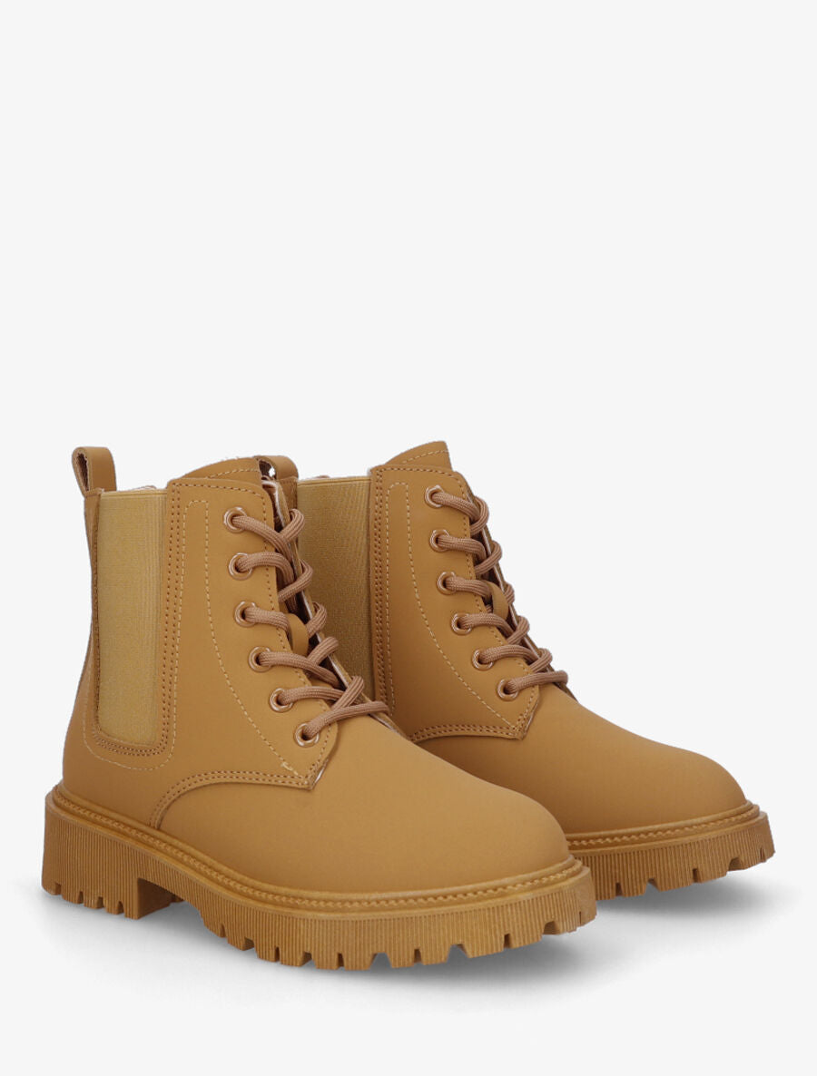 Bottines élastiquées et lacets en simili - Camel - 4