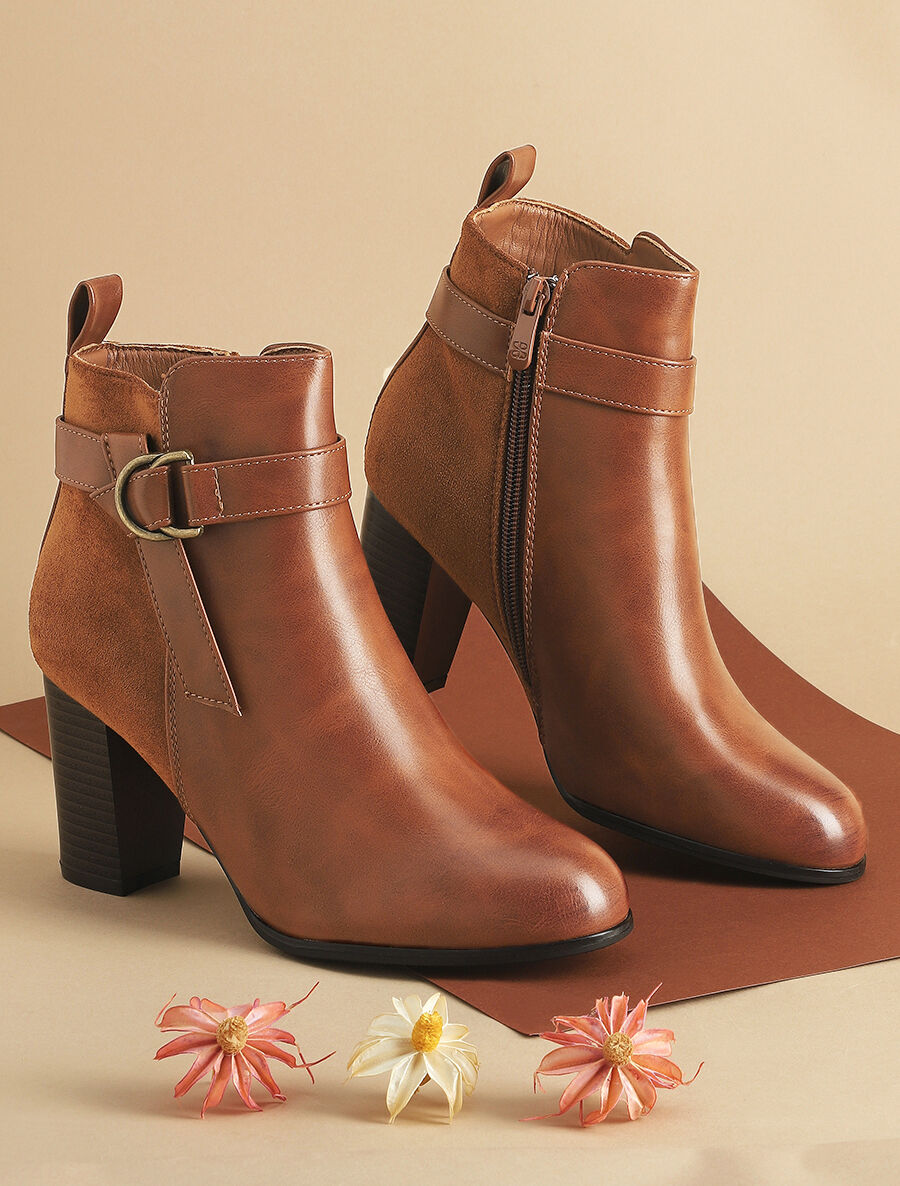 Bottines bimatière à talon - Camel - 1