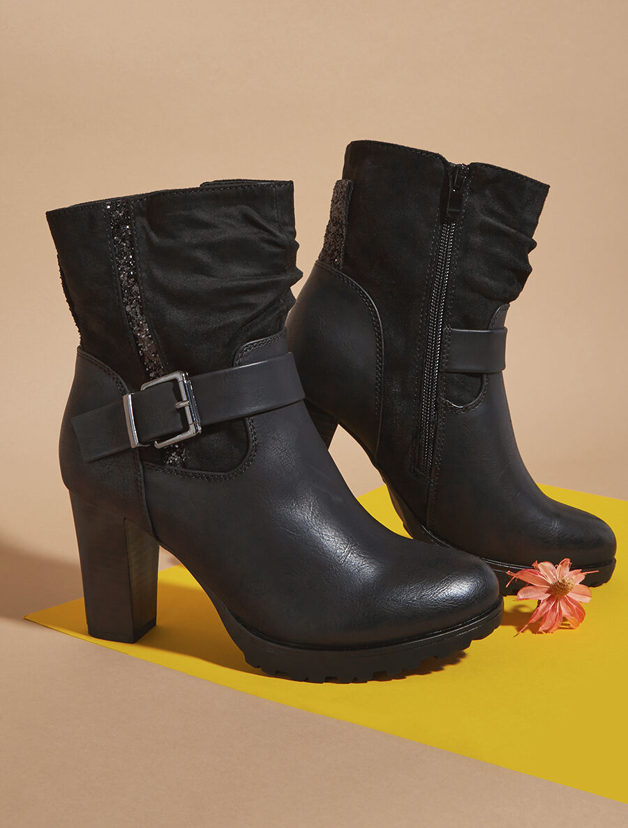 Bottines bi-matière à détail paillettes - Noir - 1