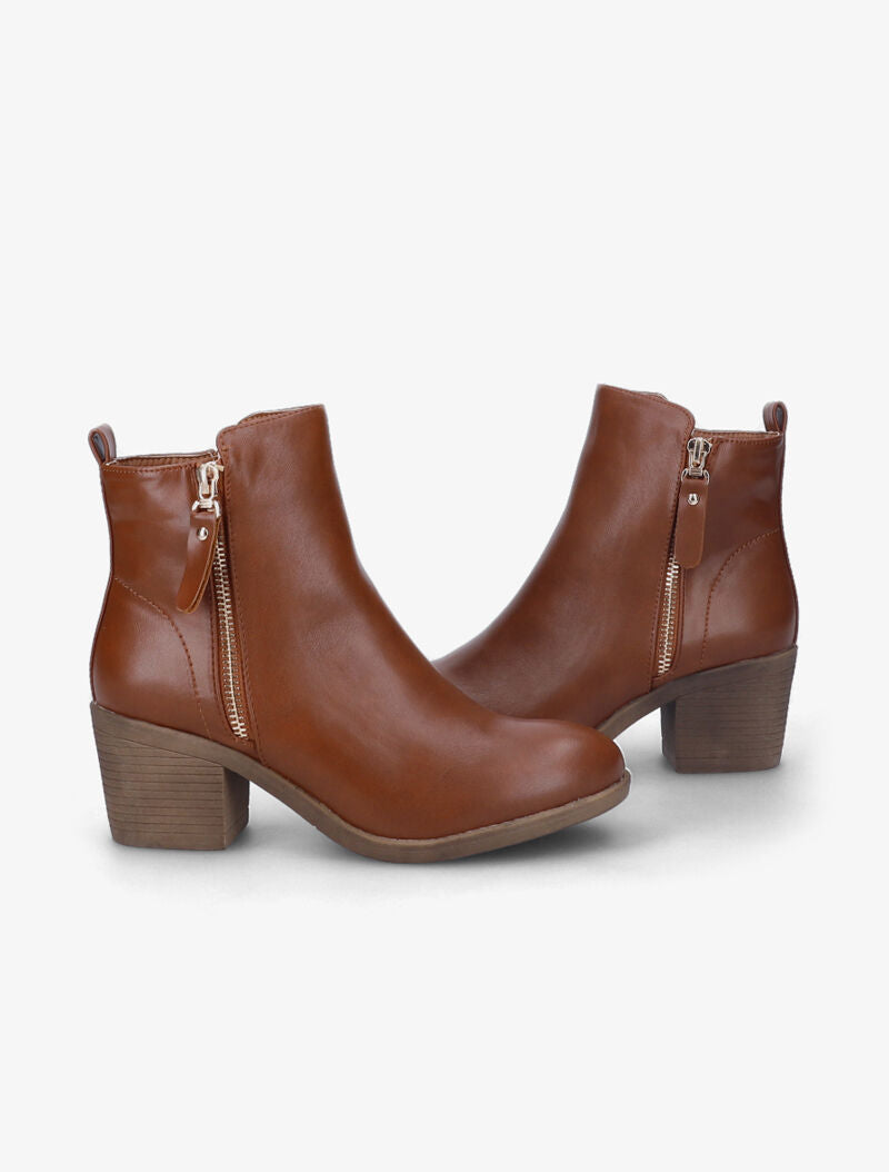 Bottines à talon à zip doré stylisé - Camel - 5