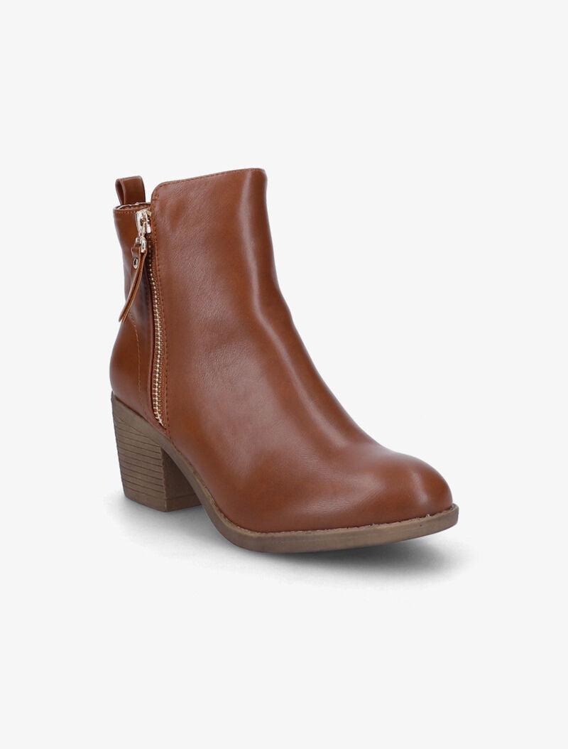 Bottines à talon à zip doré stylisé - Camel - 3