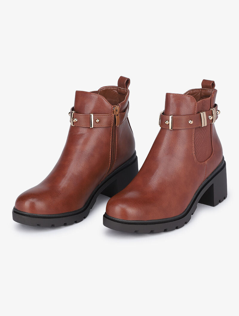 Bottines casual à bride décorative - Camel - 1
