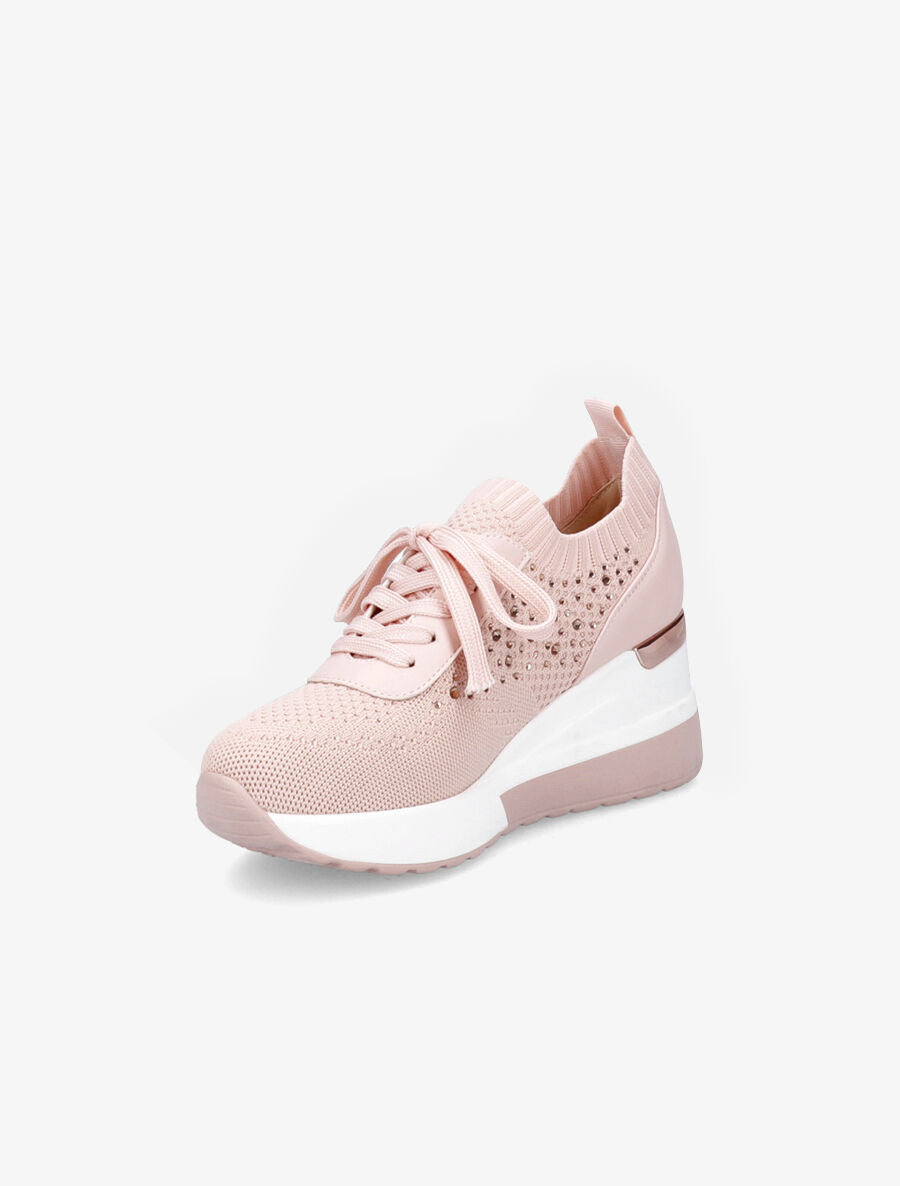 Baskets compensées à lacets et détail strass - Rose - 3