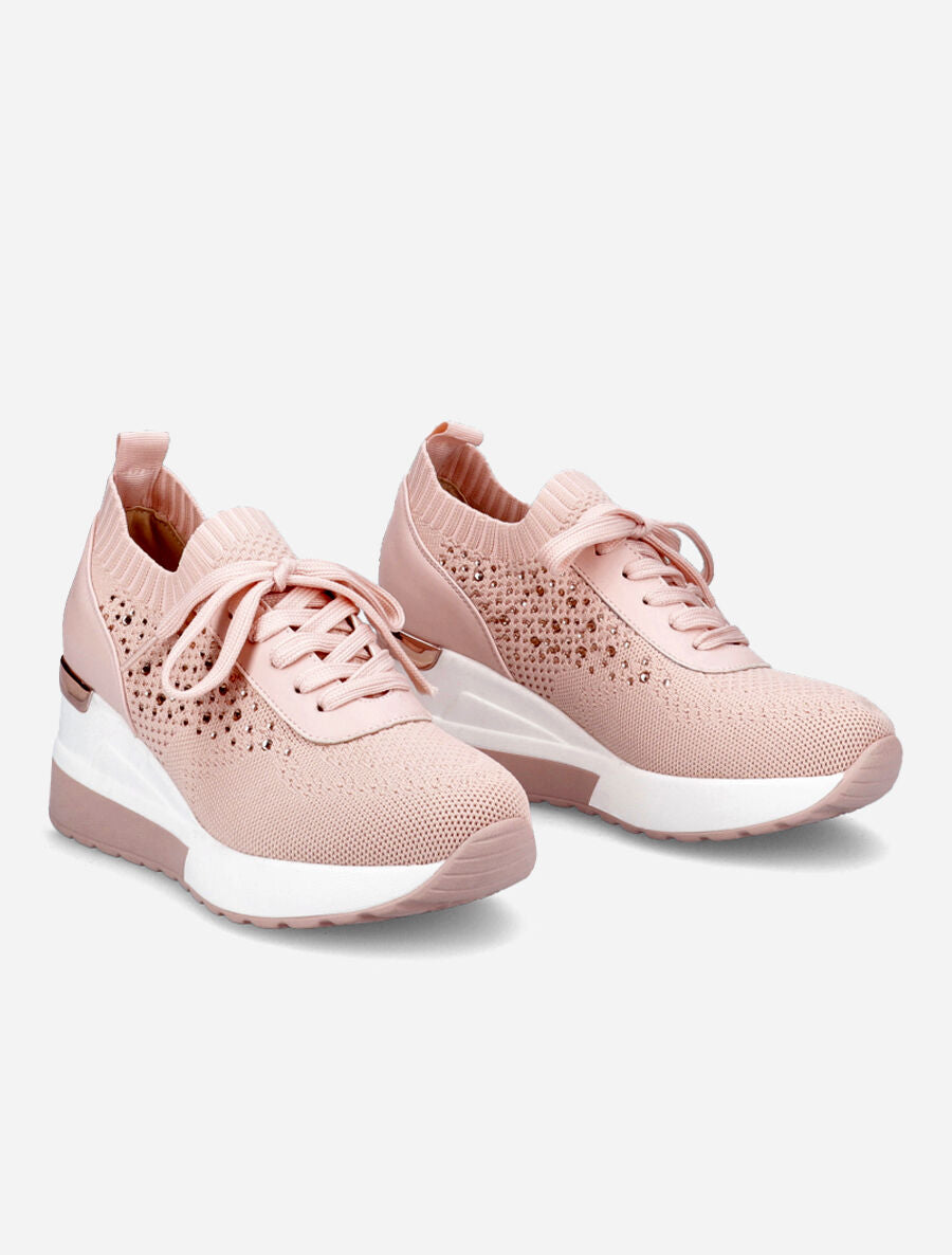 Baskets compensées à lacets et détail strass - Rose - 4