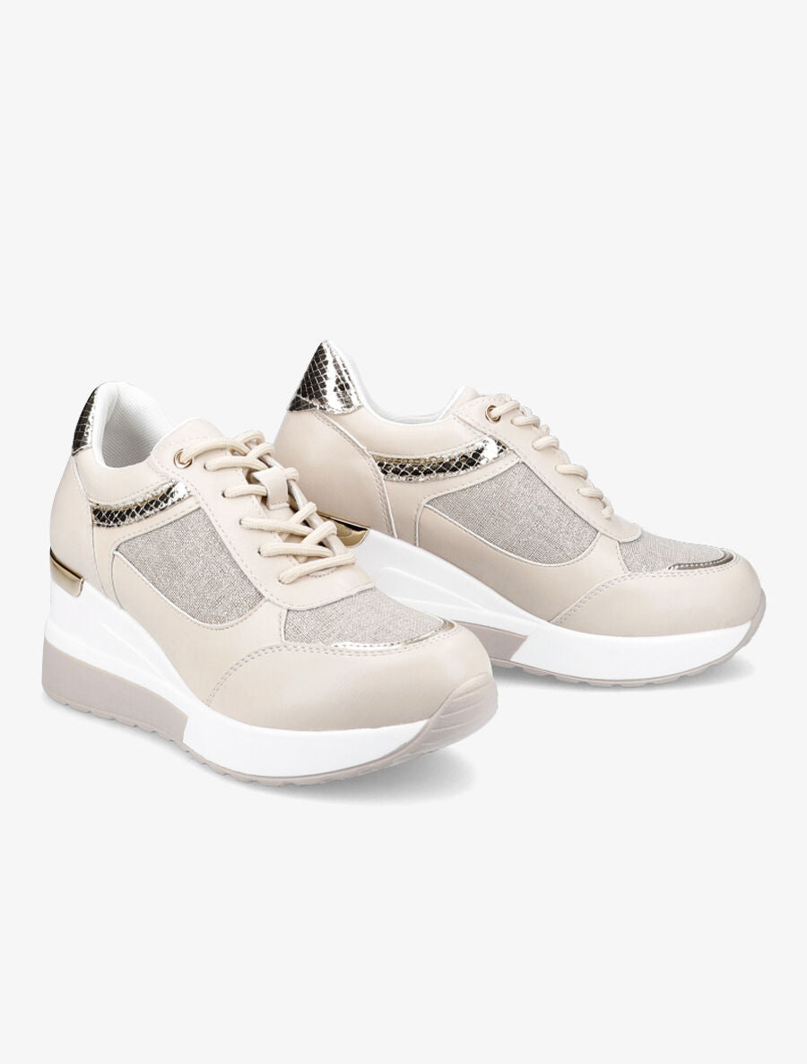 Baskets compensées en simili et toile irisée - Beige - 4