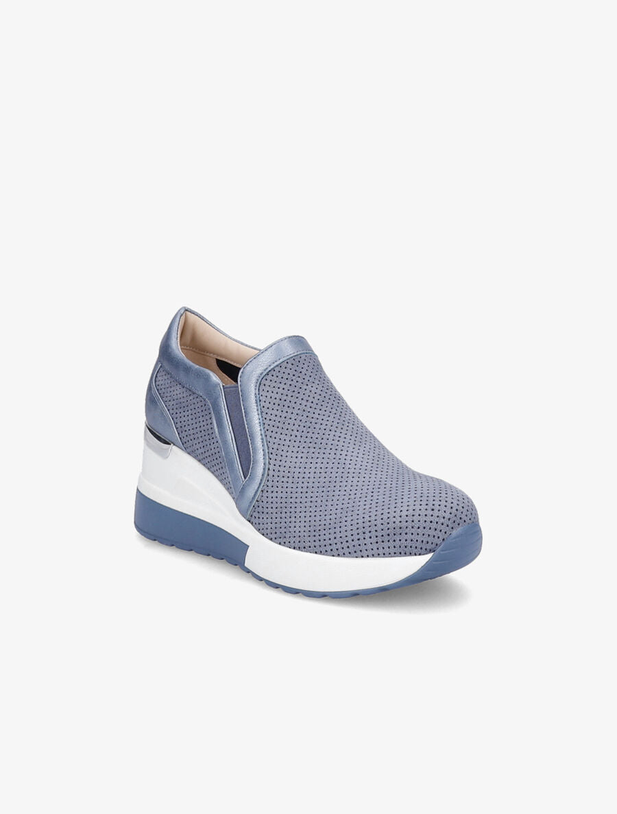 Baskets compensées en suédine perforée - Bleu gris - 2