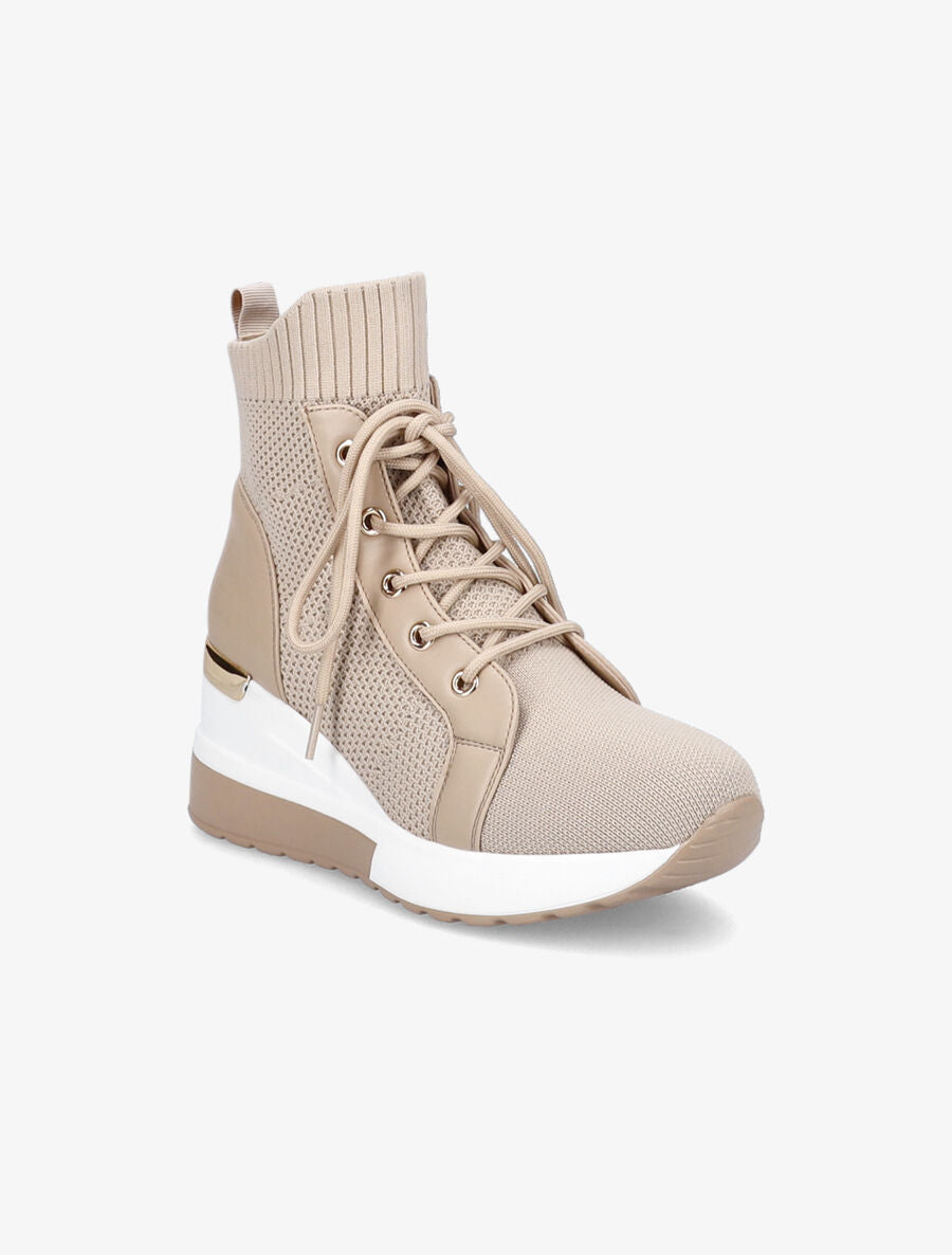 Baskets montantes compensées à lacets - Beige - 2