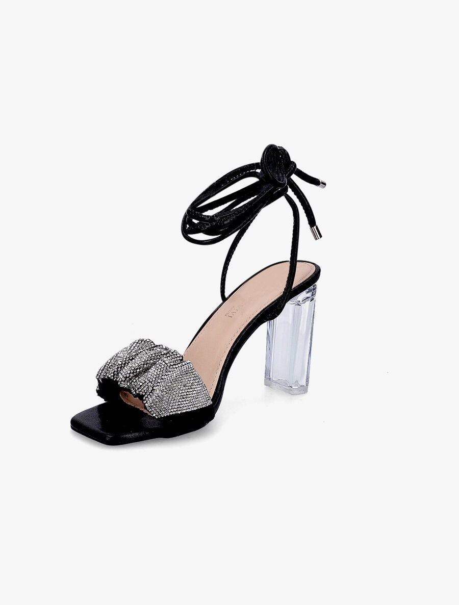 Sandales à ganses à strass et lacets - Noir - 3