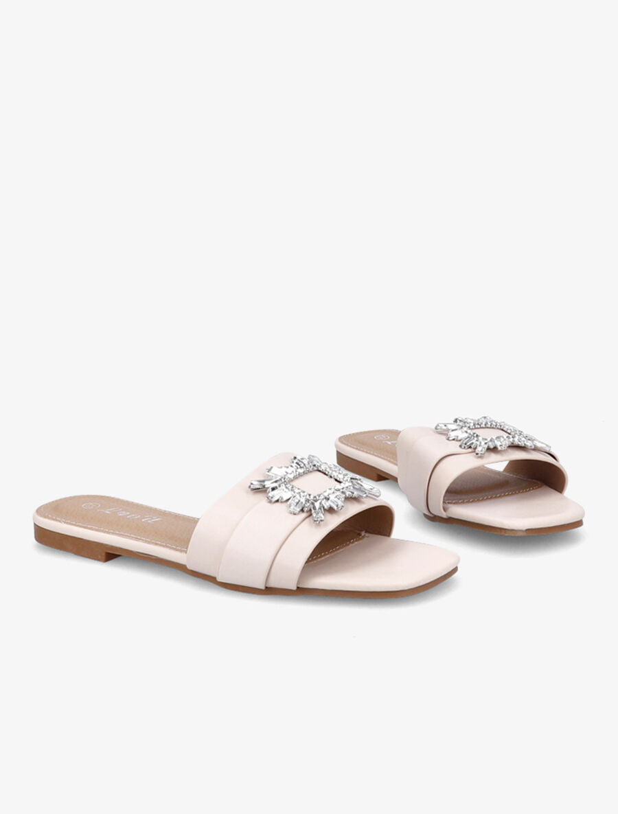 Mules plates à boucles bijoux et strass - Beige - 4