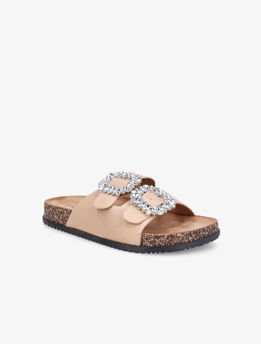 Mules double brides à boucles et strass - Camel - 2