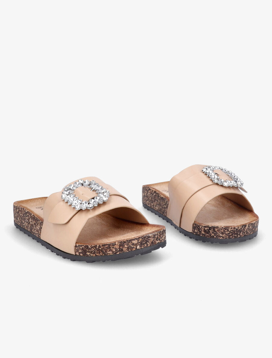 Mules brides à boucle et strass - Camel - 4