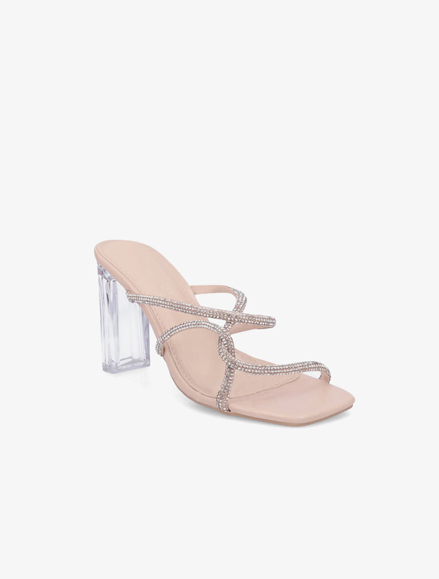 Mules à talons et brides à strass - Beige - 2