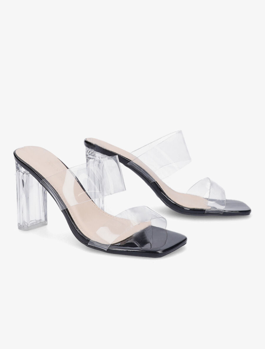 Mules à talons et double ganses transparentes - Noir - 4
