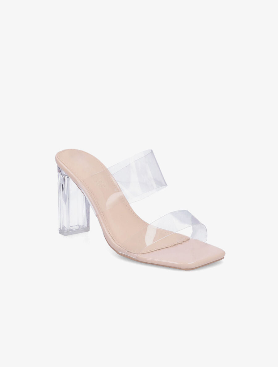 Mules à talons et double ganses transparentes - Beige - 2