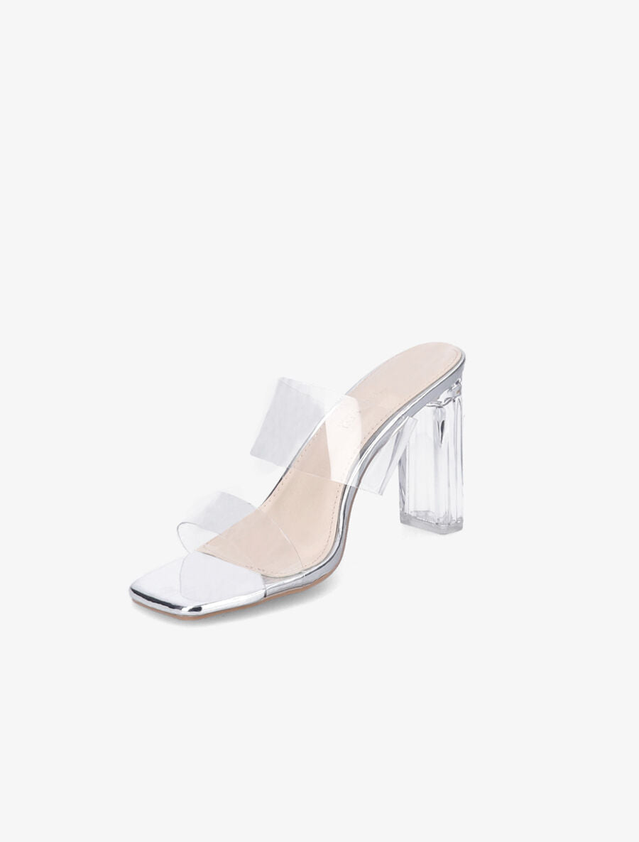 Mules à talons et double ganses transparentes - Argent - 3