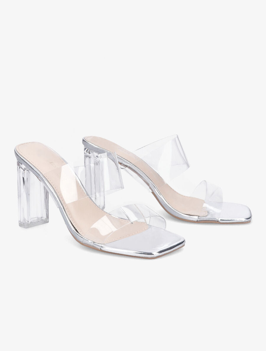 Mules à talons et double ganses transparentes - Argent - 4