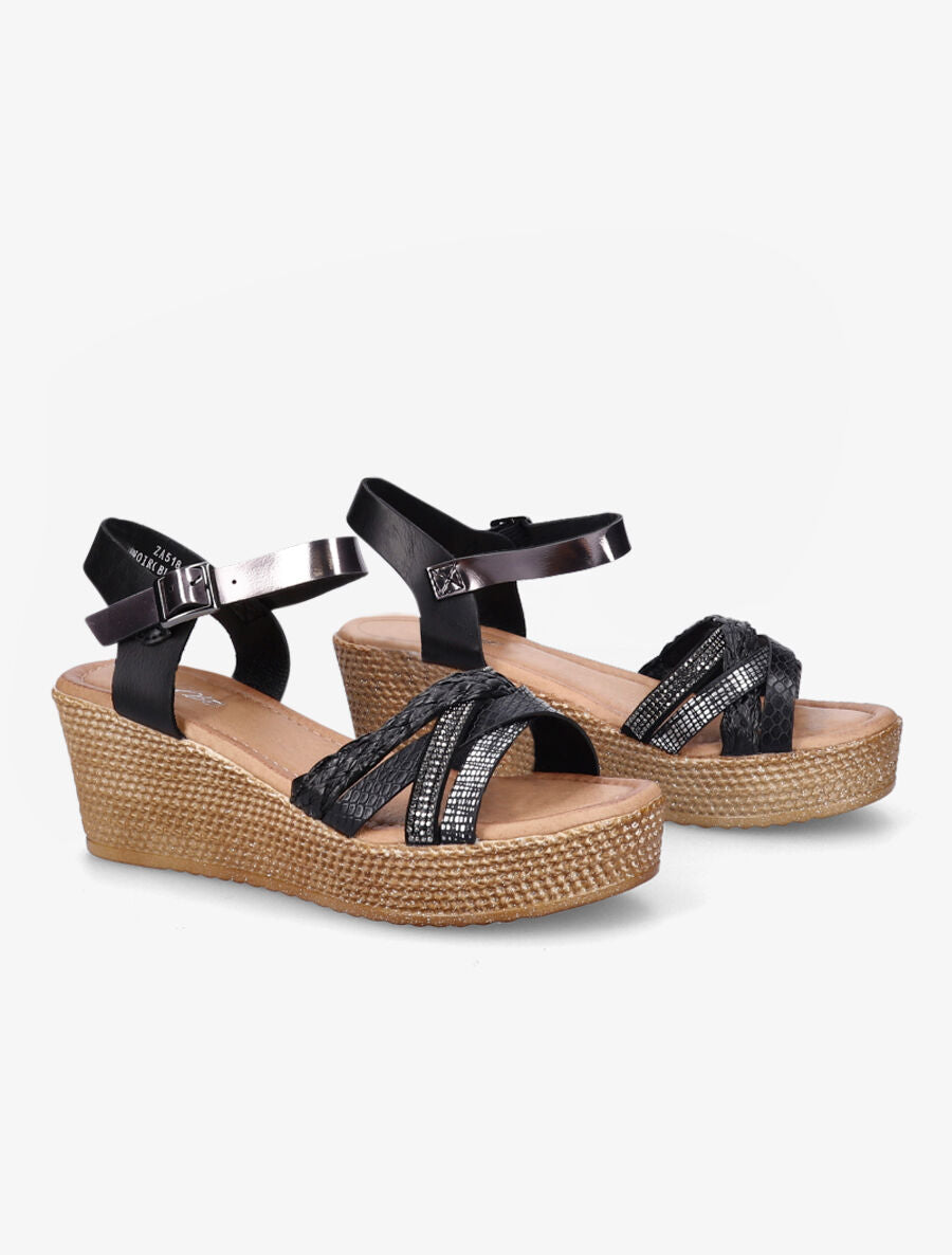 Sandales compensées à bride multi-matières - Noir - 4