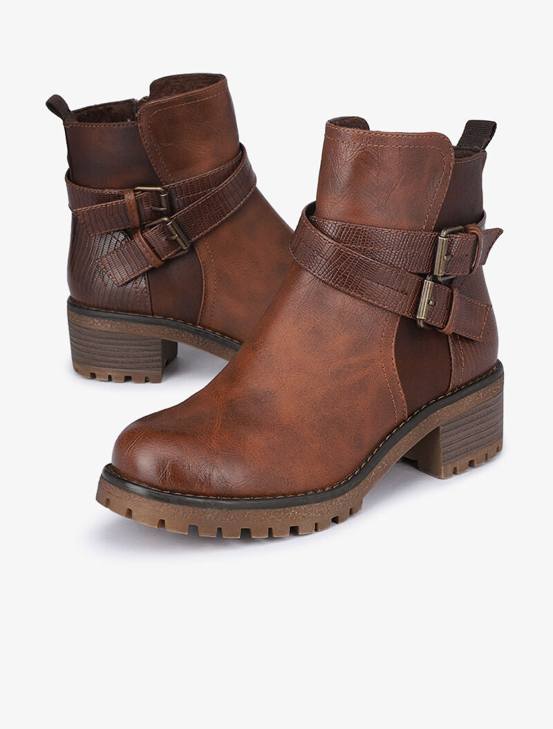Boots bi-matière fourrées à double sangles - Camel - 5