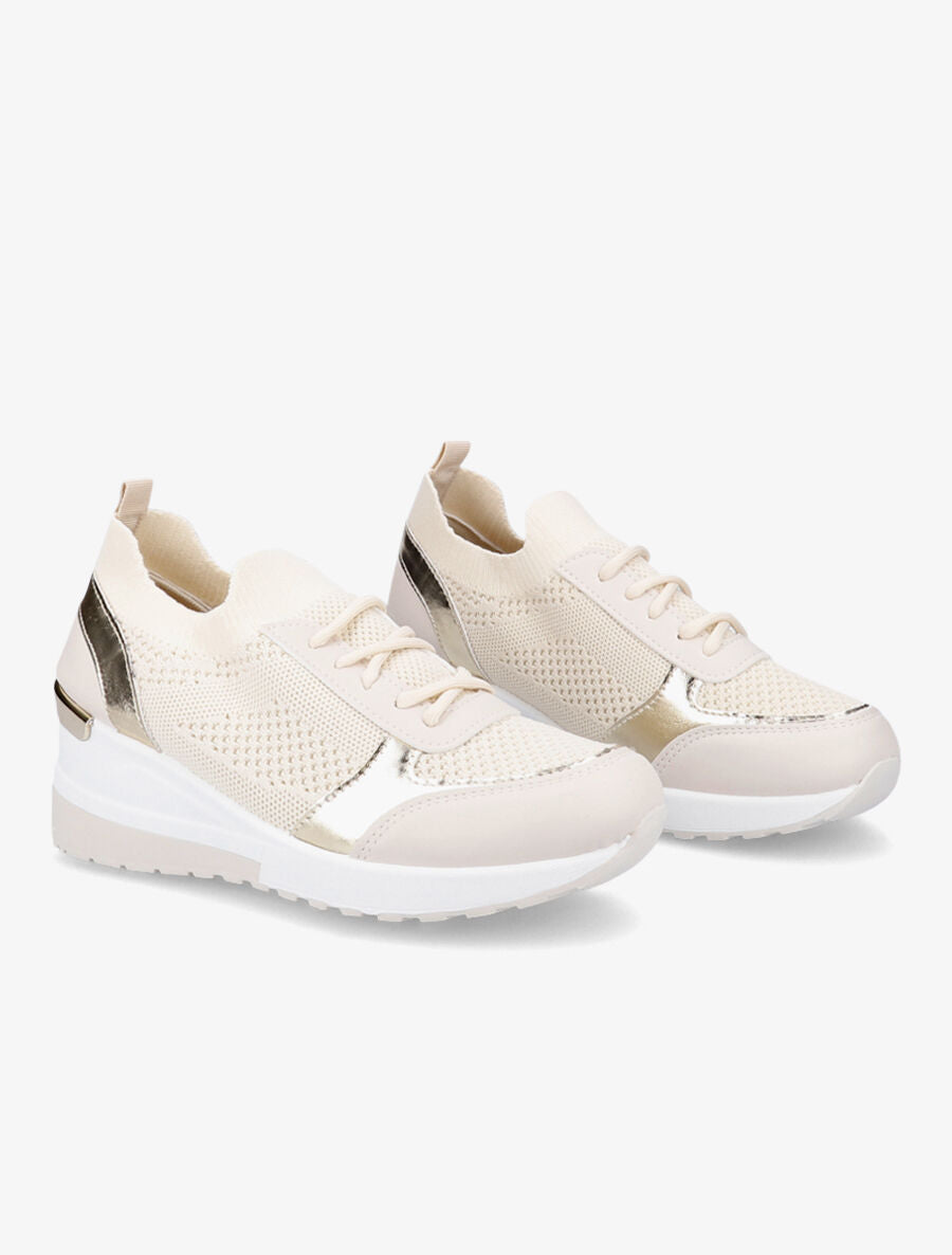 Baskets compensées en simili et mesh - Beige - 4