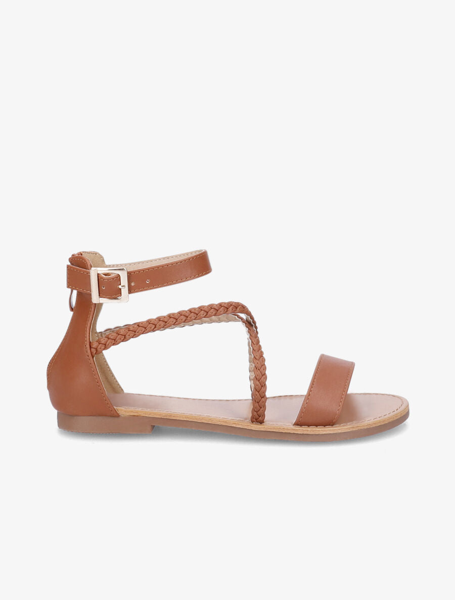 Sandales plates montantes à brides tressées - Camel - 2