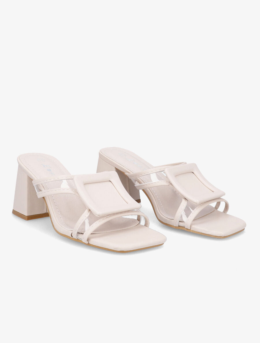 Mules à talon carré et à détail transparent - Beige - 4