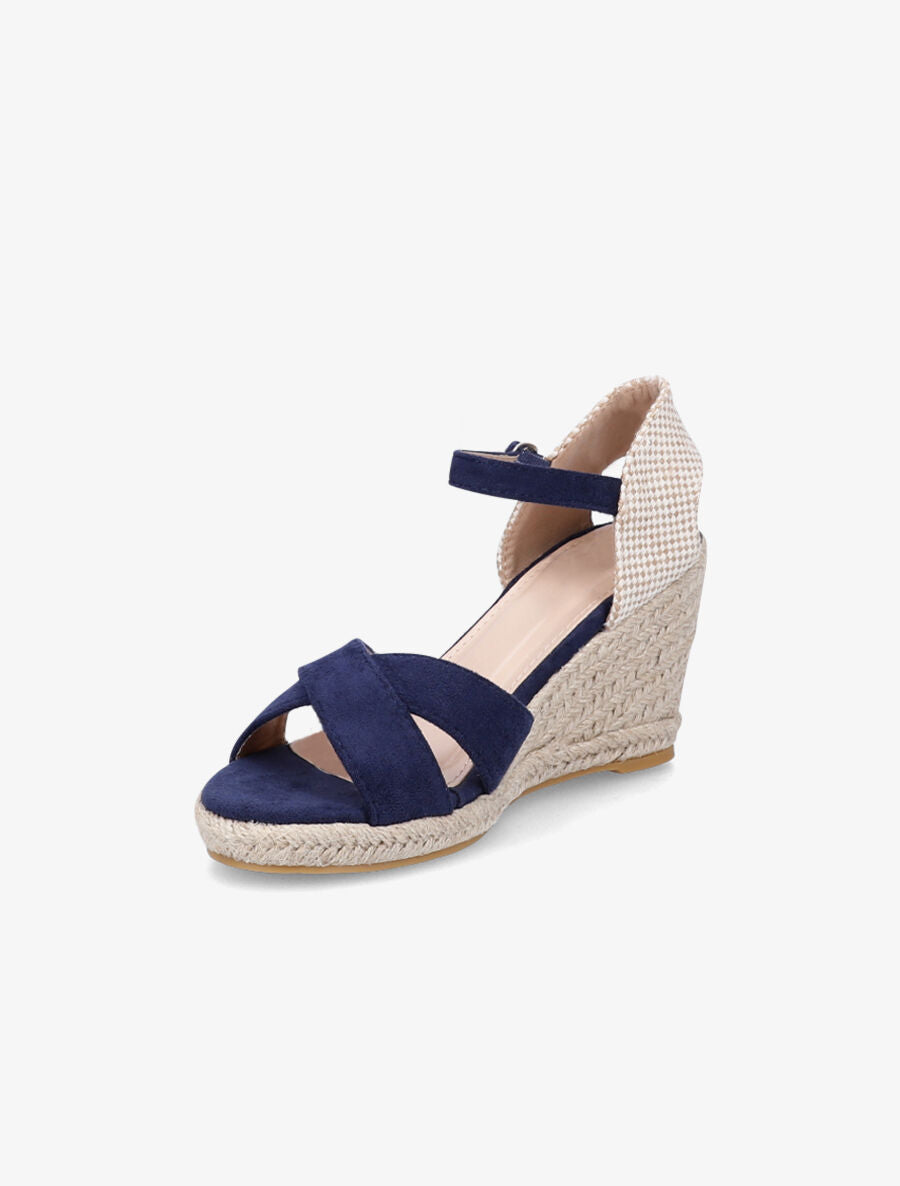 Sandales compensées en suédine à contrefort en damier - Marine - 3