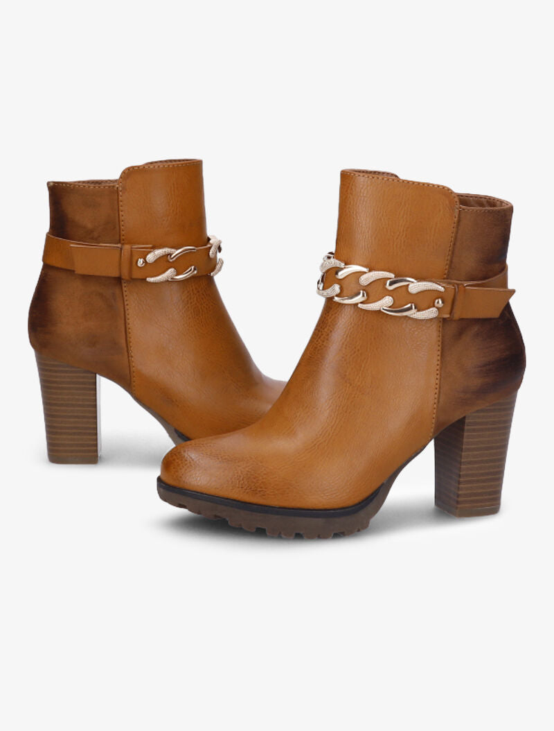 Bottines fourrées bi-matière à sangle à détail chaîne - Camel - 4
