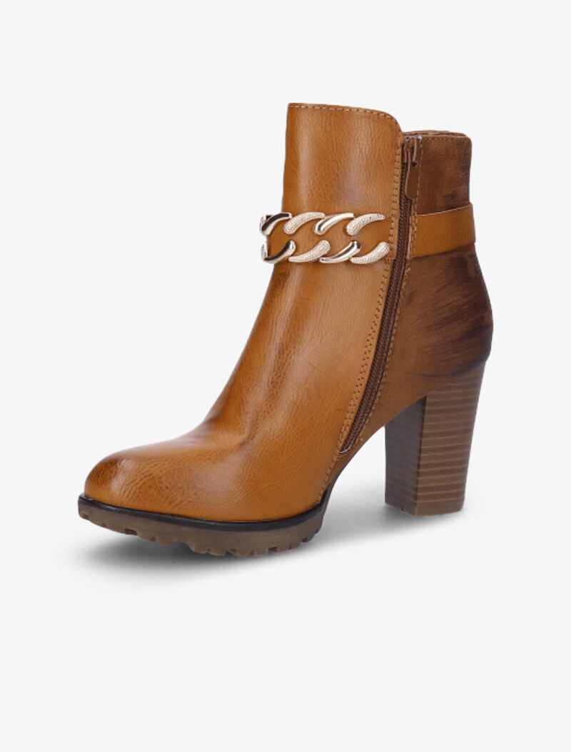 Bottines fourrées bi-matière à sangle à détail chaîne - Camel - 3