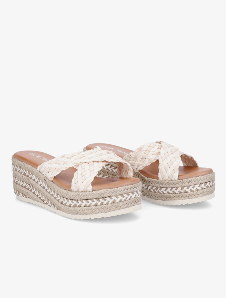 Mules compensées en raphia - Beige - 4