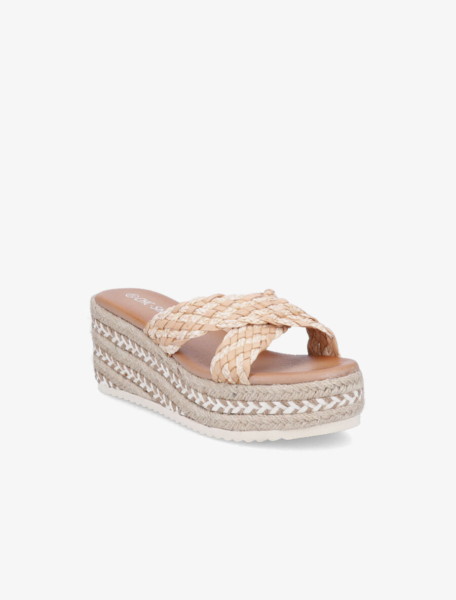 Mules compensées en raphia - Camel - 2