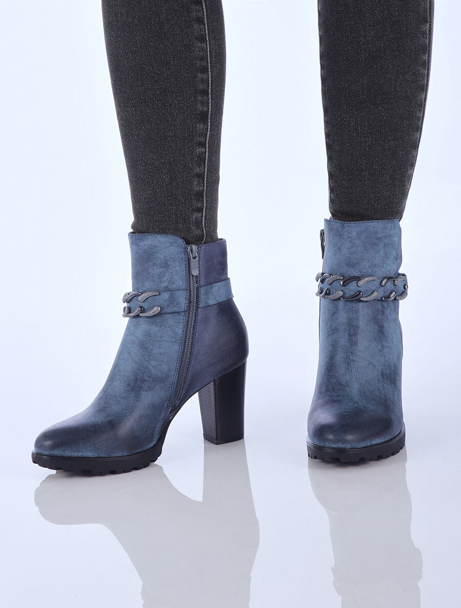Bottines fourrées bi-matière à sangle à détail chaîne - Bleu - 5