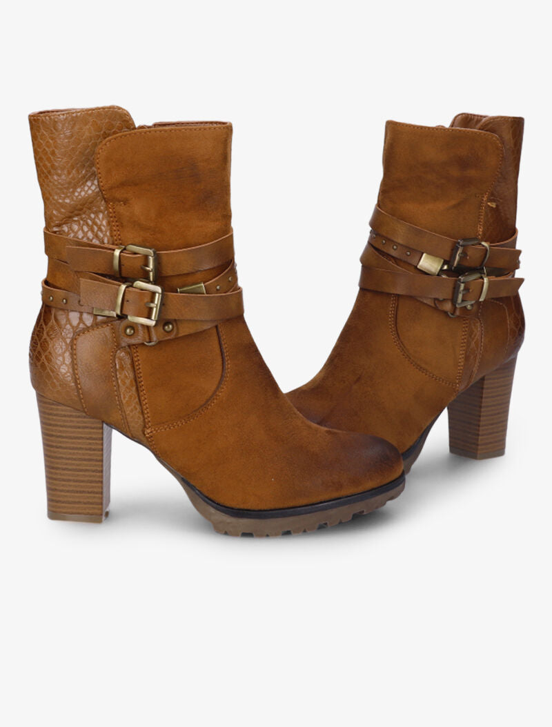 Bottines montantes bi-matière à sangles - Camel - 4