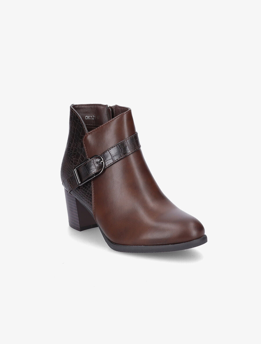 Bottines à contrefort effet python et sangles - Marron - 2