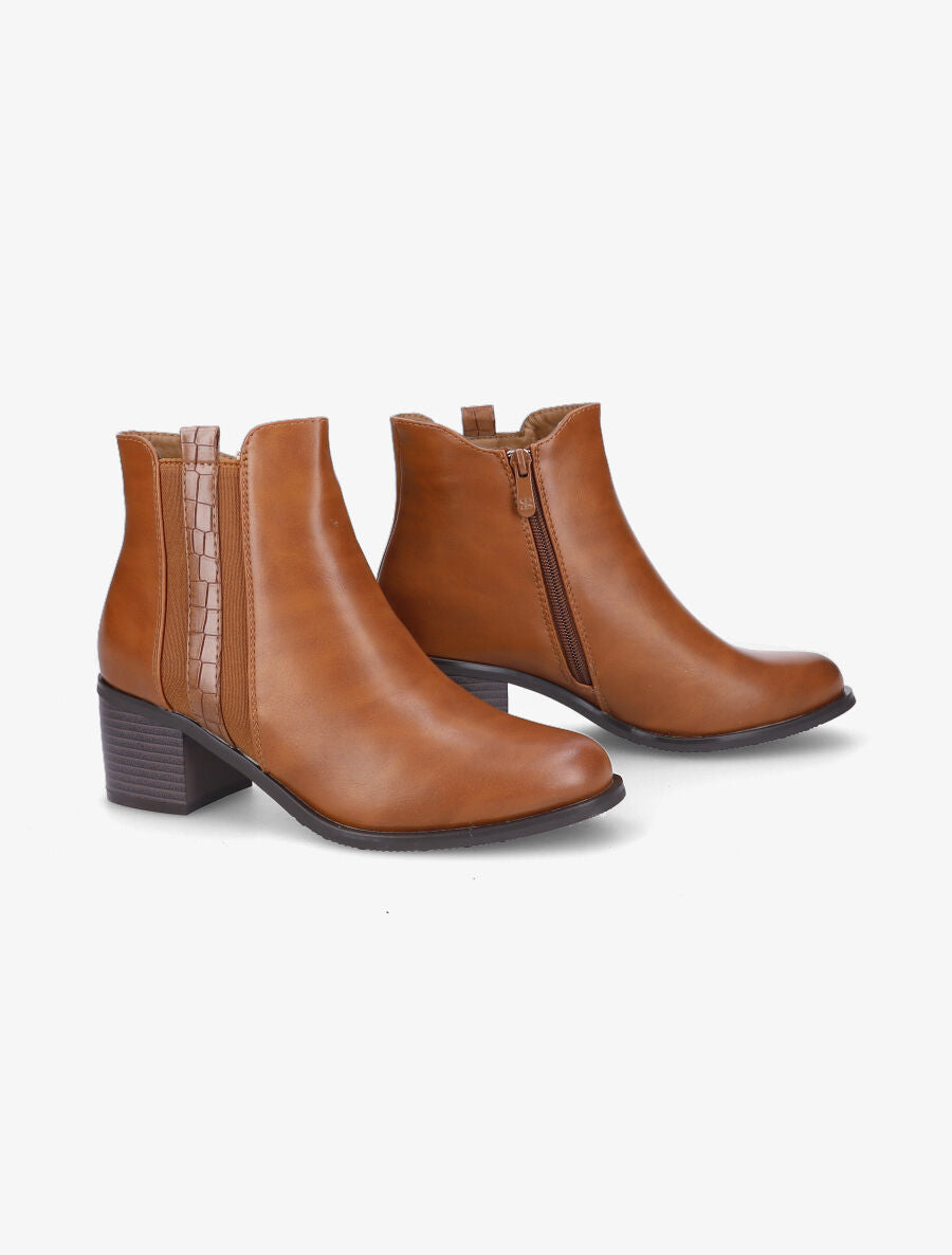 Bottines à zip et lanière effet croco - Camel - 4