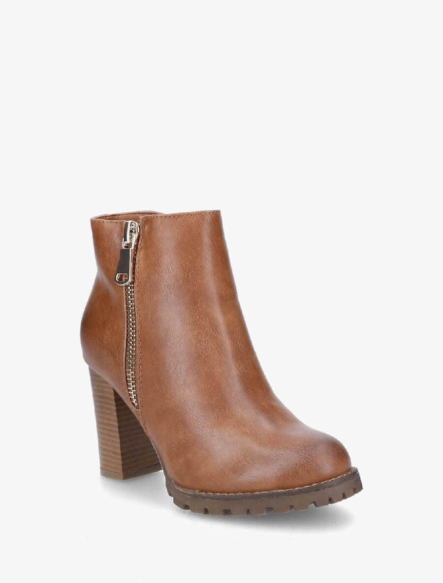 Bottines à talon et zip décoratif - Camel - 2